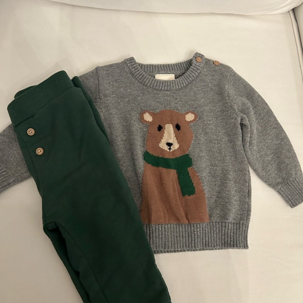 First Impressions Gray and Green Bear Sweater Set